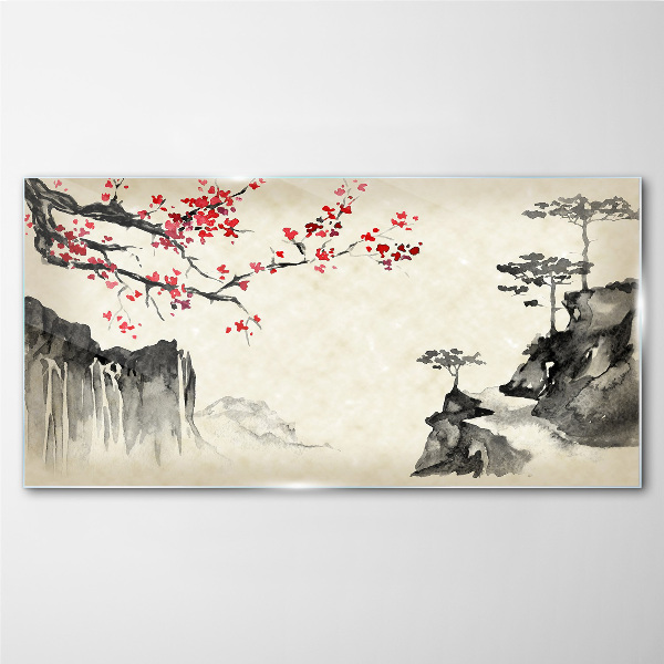 Landscape with flowering branches Glass art print
