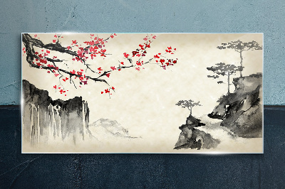 Landscape with flowering branches Glass art print