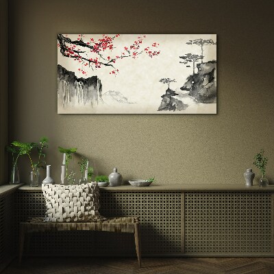 Landscape with flowering branches Glass art print