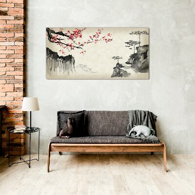 Landscape with flowering branches Glass art print