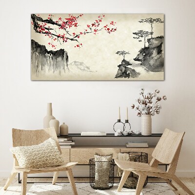 Landscape with flowering branches Glass art print