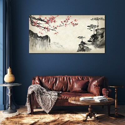 Landscape with flowering branches Glass art print