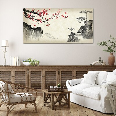 Landscape with flowering branches Glass art print