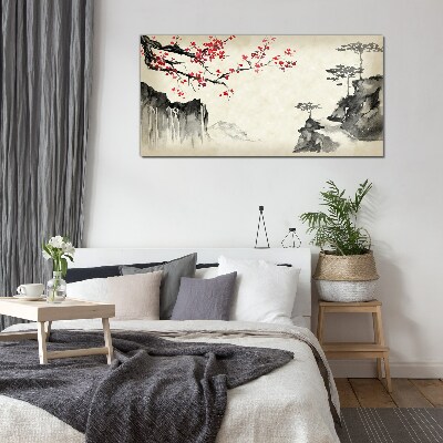 Landscape with flowering branches Glass art print