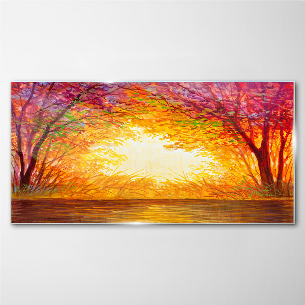 Sunset in a colorful forest Glass art print