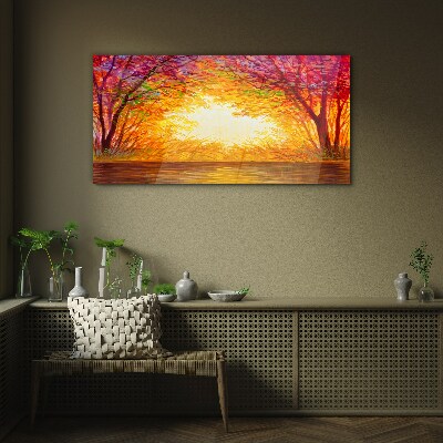 Sunset in a colorful forest Glass art print