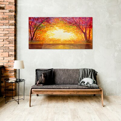 Sunset in a colorful forest Glass art print