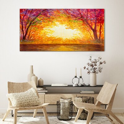 Sunset in a colorful forest Glass art print