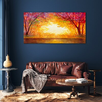 Sunset in a colorful forest Glass art print