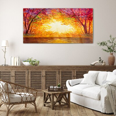 Sunset in a colorful forest Glass art print