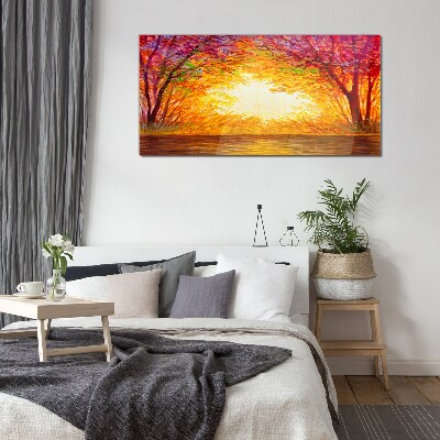 Sunset in a colorful forest Glass art print