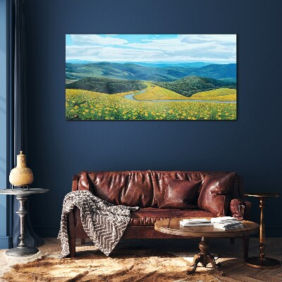 Landscape in yellow flowers Wall art on glass