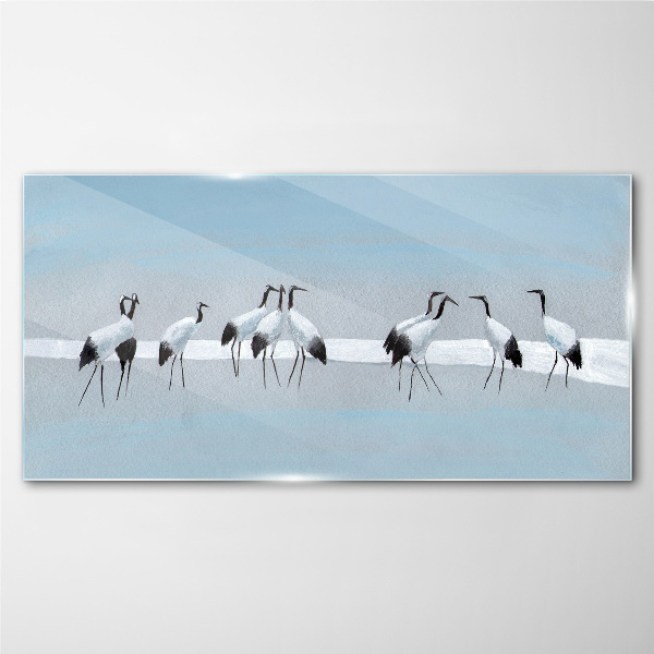 Flocks of cranes on a blue background Glass art print