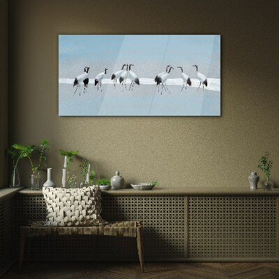 Flocks of cranes on a blue background Glass art print