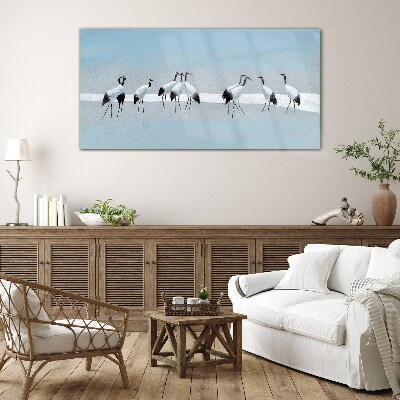 Flocks of cranes on a blue background Glass art print
