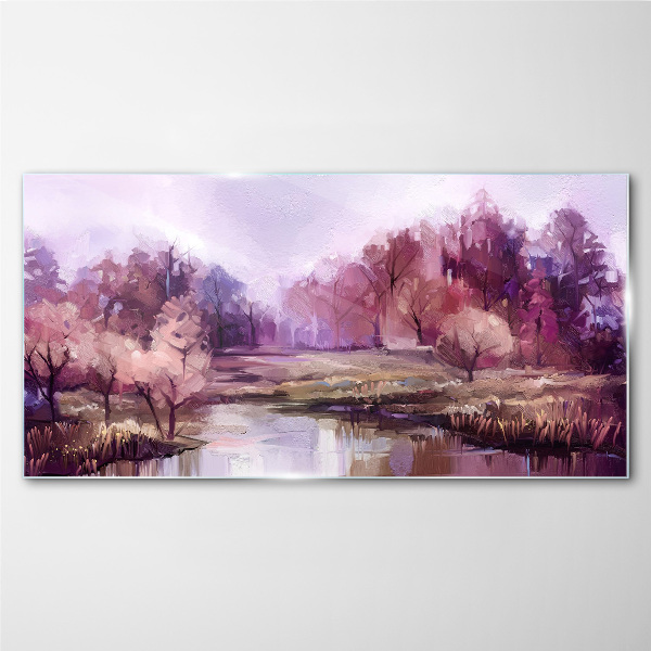 Spring landscape in shades of pink Wall art on glass