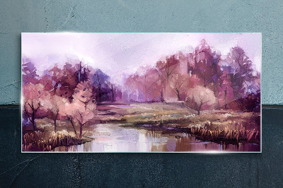 Spring landscape in shades of pink Wall art on glass