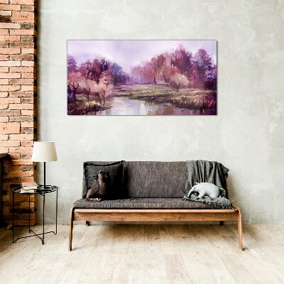 Spring landscape in shades of pink Wall art on glass