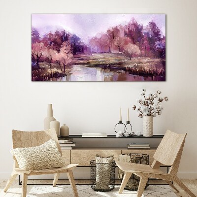 Spring landscape in shades of pink Wall art on glass
