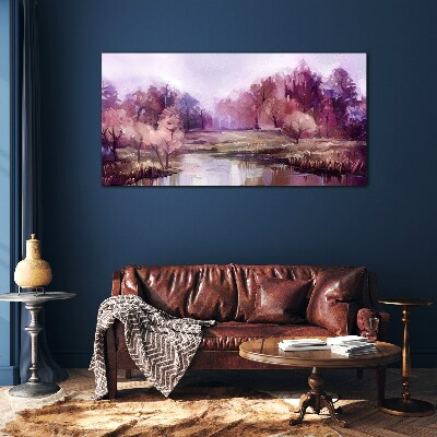 Spring landscape in shades of pink Wall art on glass