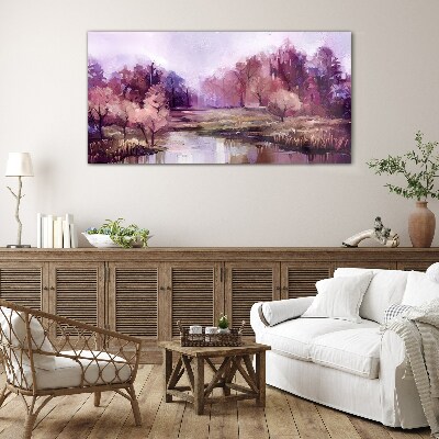 Spring landscape in shades of pink Wall art on glass