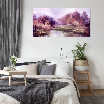 Spring landscape in shades of pink Wall art on glass
