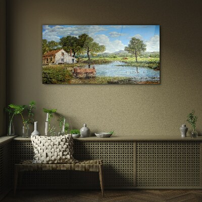 A peaceful rural landscape with a river Wall art on glass