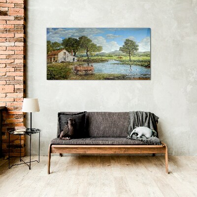 A peaceful rural landscape with a river Wall art on glass