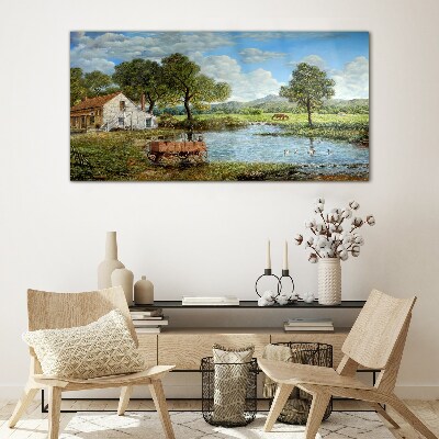 A peaceful rural landscape with a river Wall art on glass