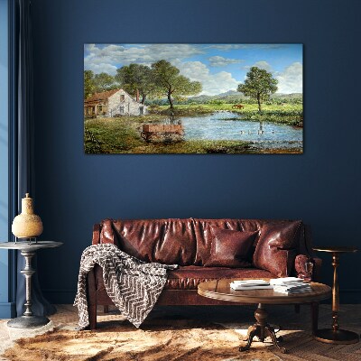 A peaceful rural landscape with a river Wall art on glass