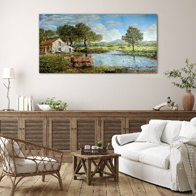 A peaceful rural landscape with a river Wall art on glass