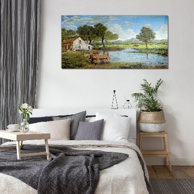 A peaceful rural landscape with a river Wall art on glass