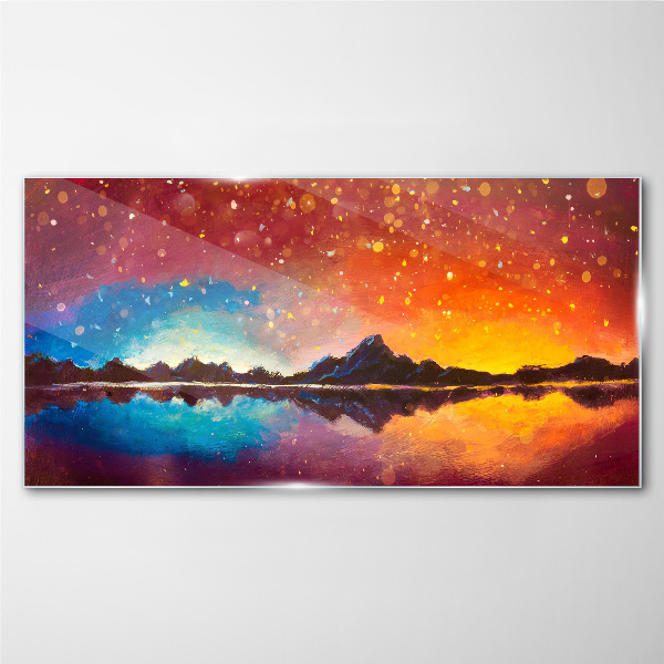 Sunset over a mountain lake Wall art on glass