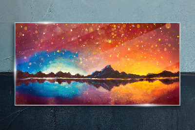 Sunset over a mountain lake Wall art on glass