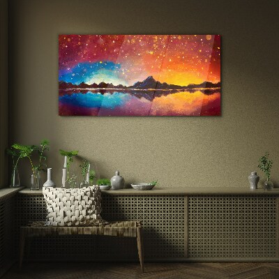 Sunset over a mountain lake Wall art on glass