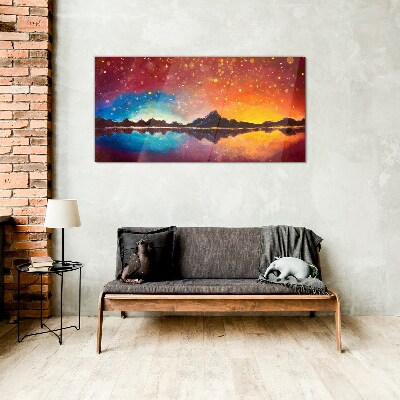 Sunset over a mountain lake Wall art on glass