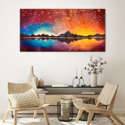 Sunset over a mountain lake Wall art on glass