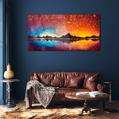 Sunset over a mountain lake Wall art on glass