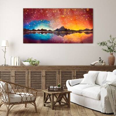 Sunset over a mountain lake Wall art on glass