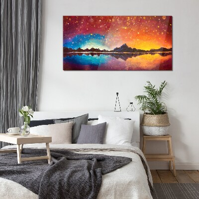 Sunset over a mountain lake Wall art on glass