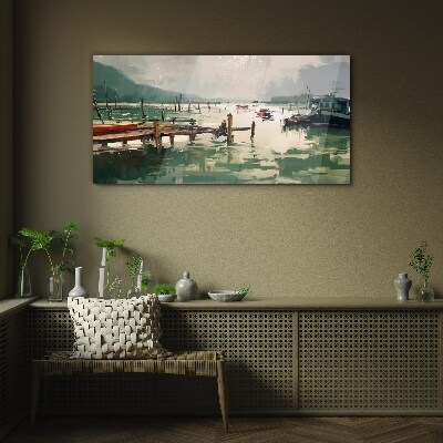 A quiet port in the morning Wall art on glass