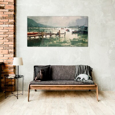 A quiet port in the morning Wall art on glass