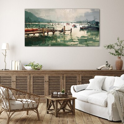 A quiet port in the morning Wall art on glass
