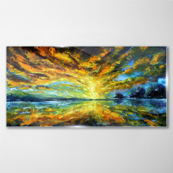 Golden clouds over calm water Wall art on glass