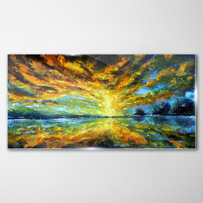 Golden clouds over calm water Wall art on glass