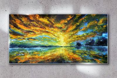 Golden clouds over calm water Wall art on glass