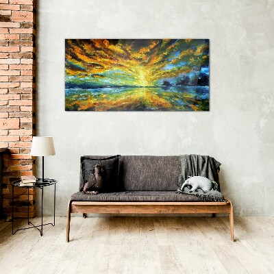 Golden clouds over calm water Wall art on glass