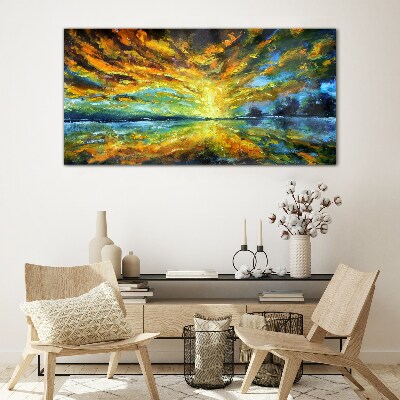 Golden clouds over calm water Wall art on glass