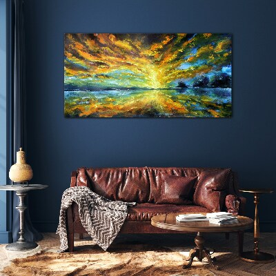 Golden clouds over calm water Wall art on glass