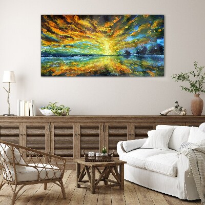 Golden clouds over calm water Wall art on glass